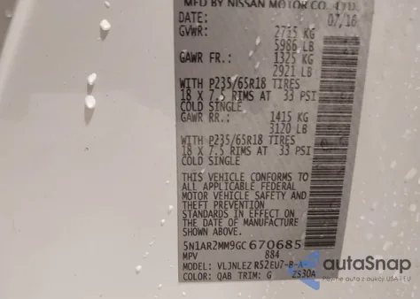 2016 Nissan Pathfinder Sv z USA, uszkodzony, nr VIN 5N1AR2MM9GC670685